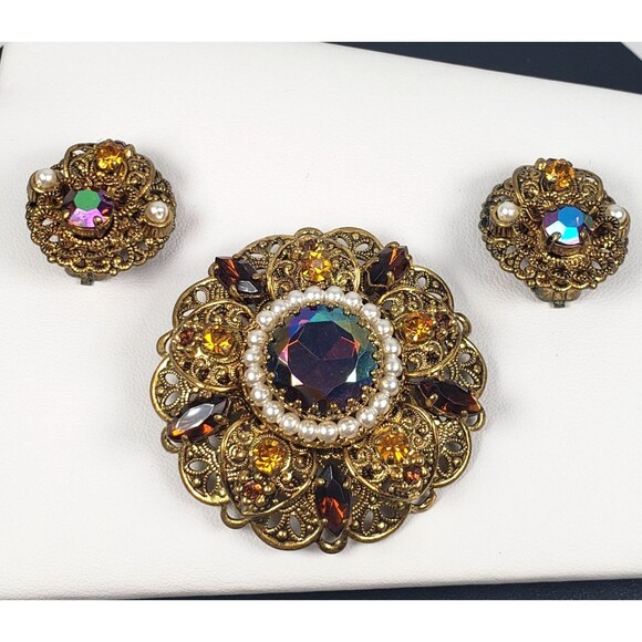 Vtg West Germany Aurora Borealis Amber Topaz Rhinestone Faux Pearl Brooch Set - Picture 6 of 16